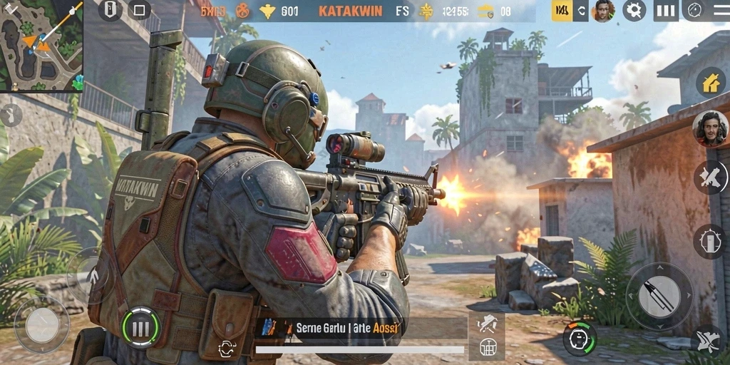 Tampilan gameplay KATAKWIN dengan aksi tembak-menembak yang intens.