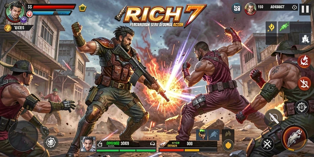 Gameplay RICH7 dengan pertarungan aksi yang mendebarkan.