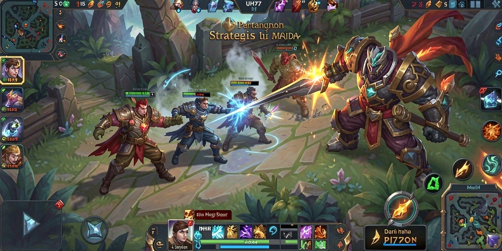 Screenshot UH77 menunjukkan pertarungan epik dalam game MOBA.